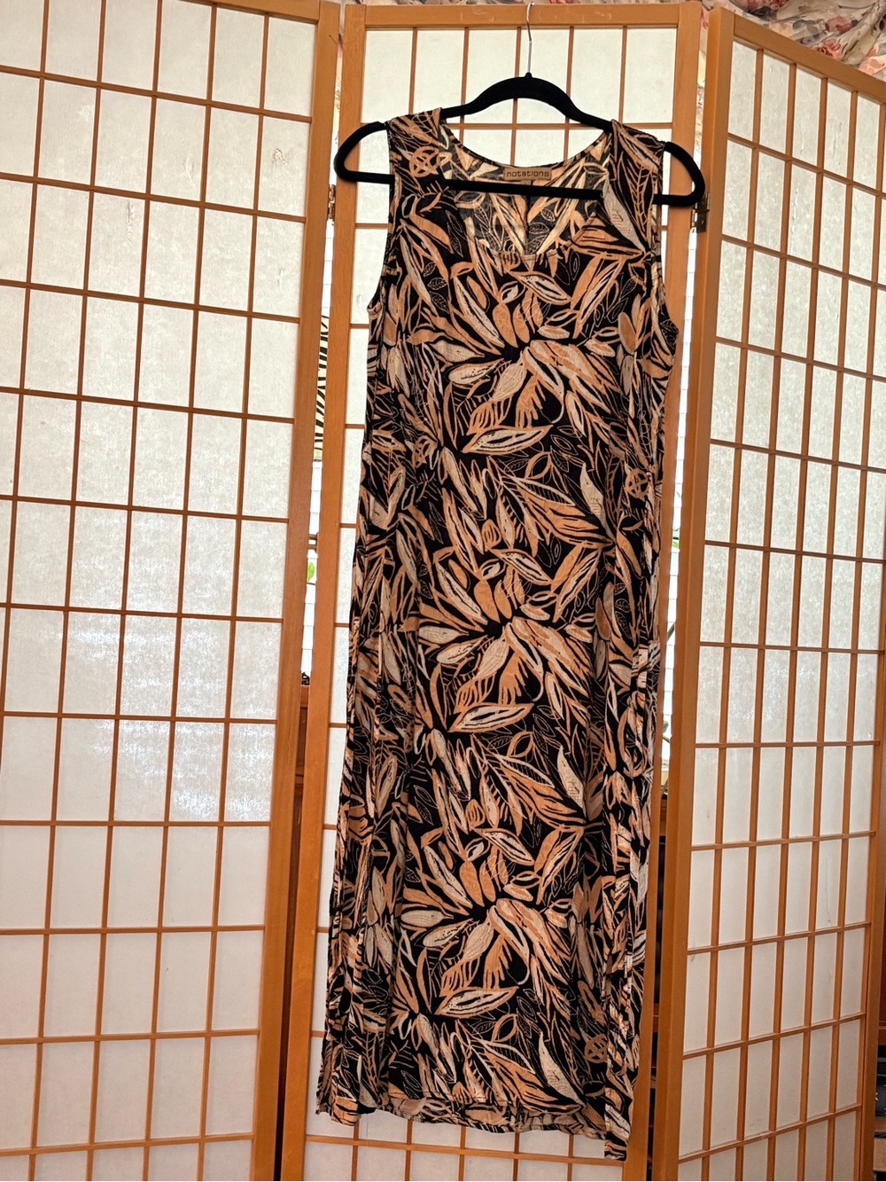 Notations Black Maxi Dress with Tan Leaf Print Large